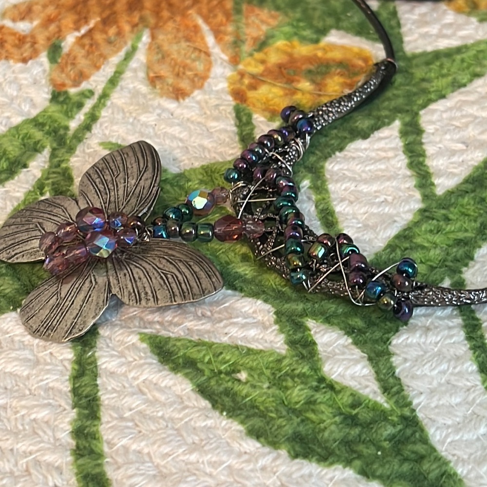 Handcrafted Oil Slick & Aurora Borealis Purple Accent Silver Butterfly Necklace - Picture 5 of 11